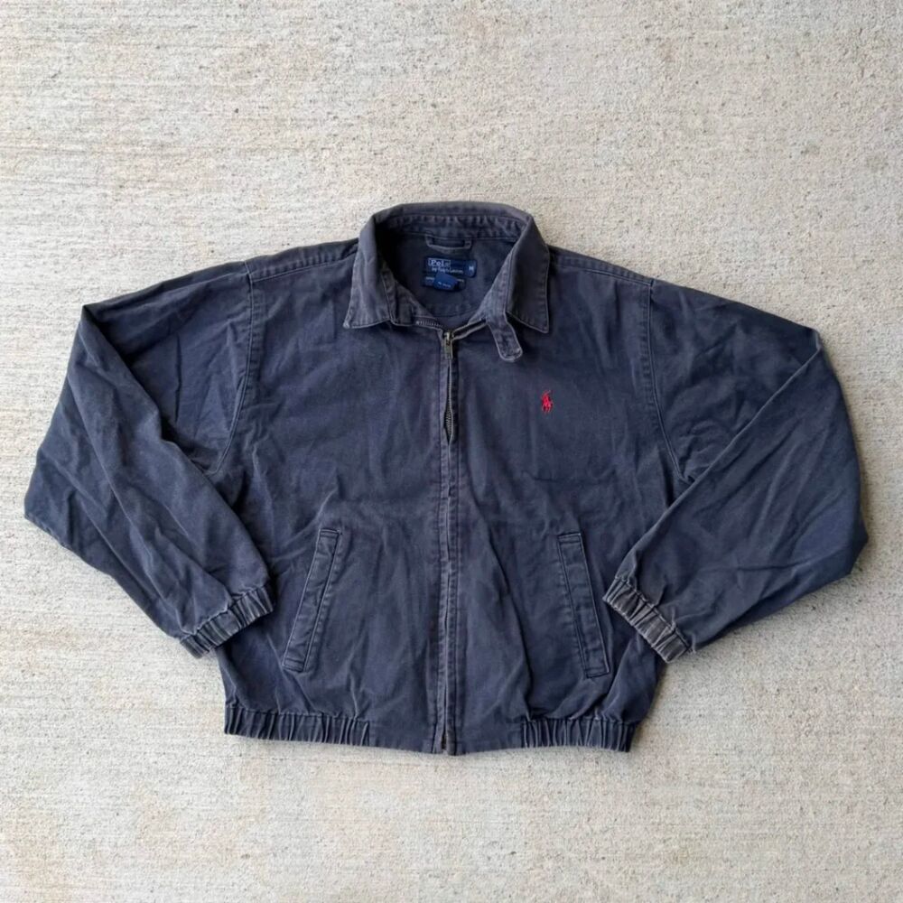 Vintage 90s Polo Ralph Lauren Faded Black Unlined Harrington Jacket Size Medium
